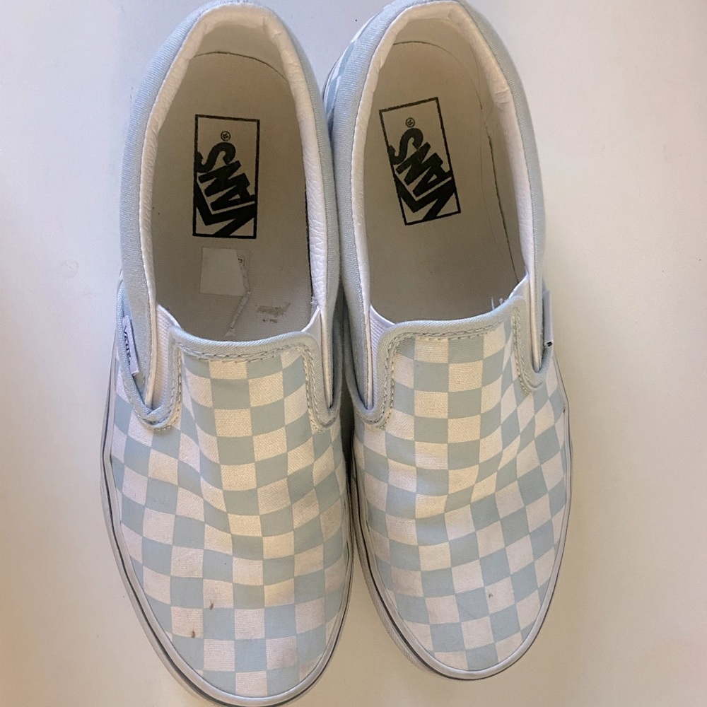💙Checkered powder blue and white vans💙